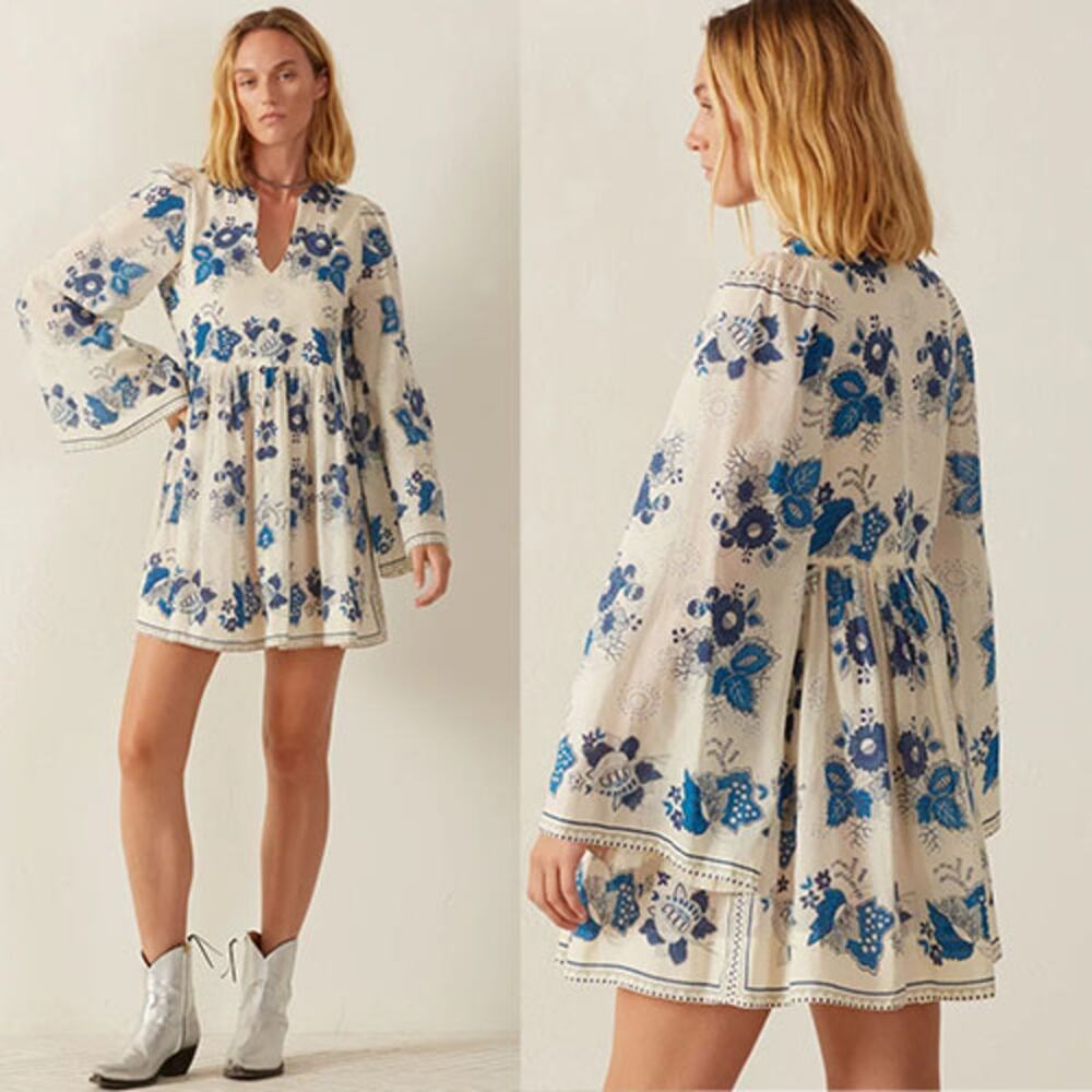 NEW Alix of Bohemia Silvie China Panel Floral Mini Dress Blue Size: Extra Small